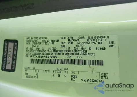 2017 Ford F-250 Xl from USA, damaged, VIN 1FT7X2B66HEB79909